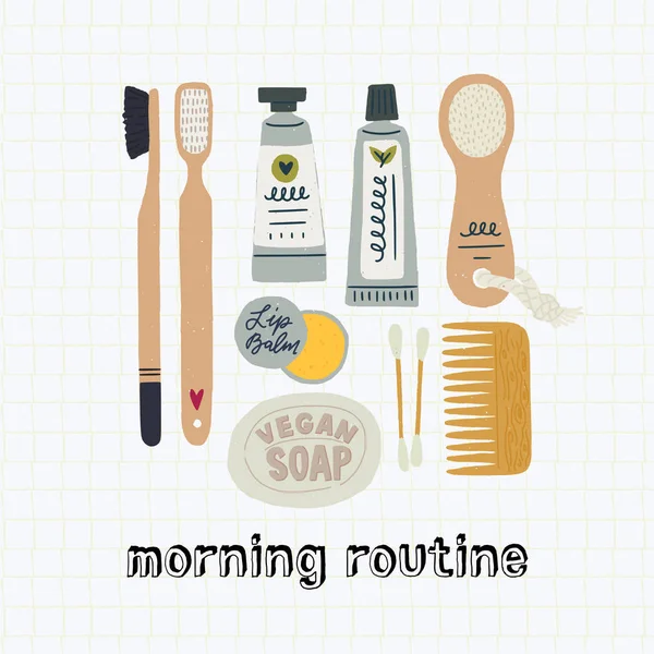 Morning Routine Set Eco Bathroom Essentials Flat Style Images Everyday — Stock Vector