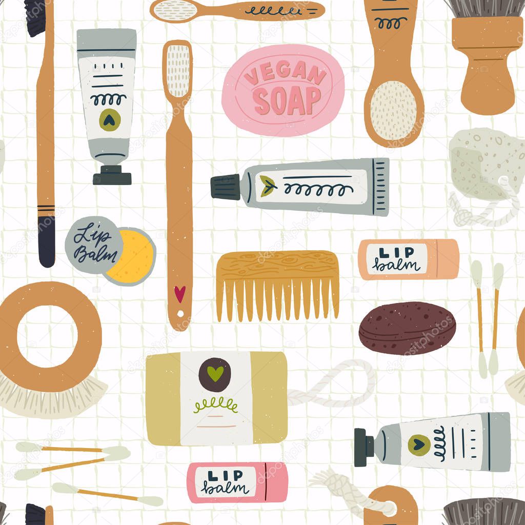 Zero waste bathroom essentials seamless pattern