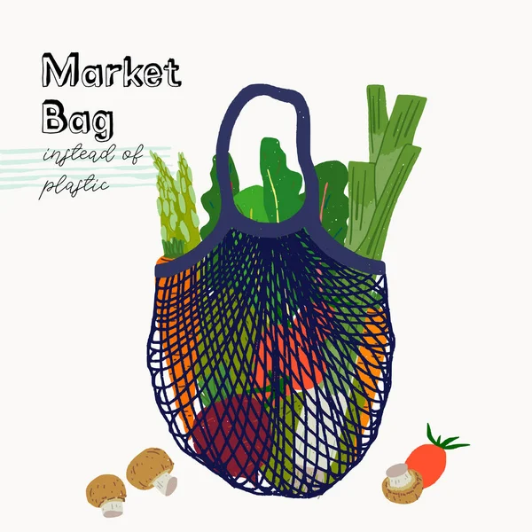 Mesh market bag with fresh vegetables — Stock Vector