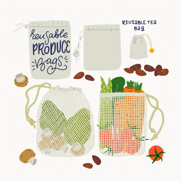 Set of reusable produce bags — Stock Vector