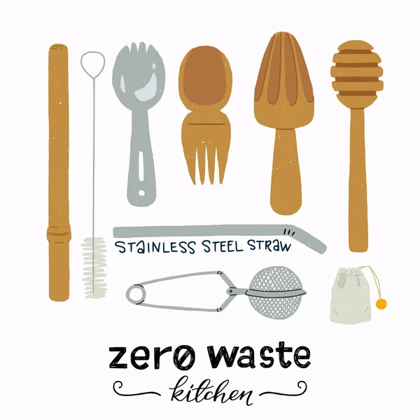 Zero resíduos cozinha essensials clipart —  Vetores de Stock