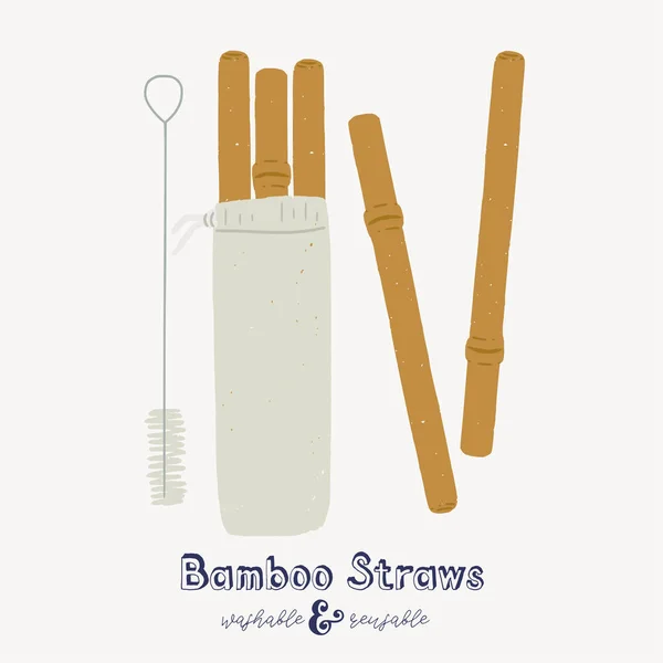Set van herbruikbare bamboe rietjes — Stockvector
