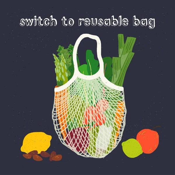 Mesh market bag with fruits and vegetables — Stock Vector