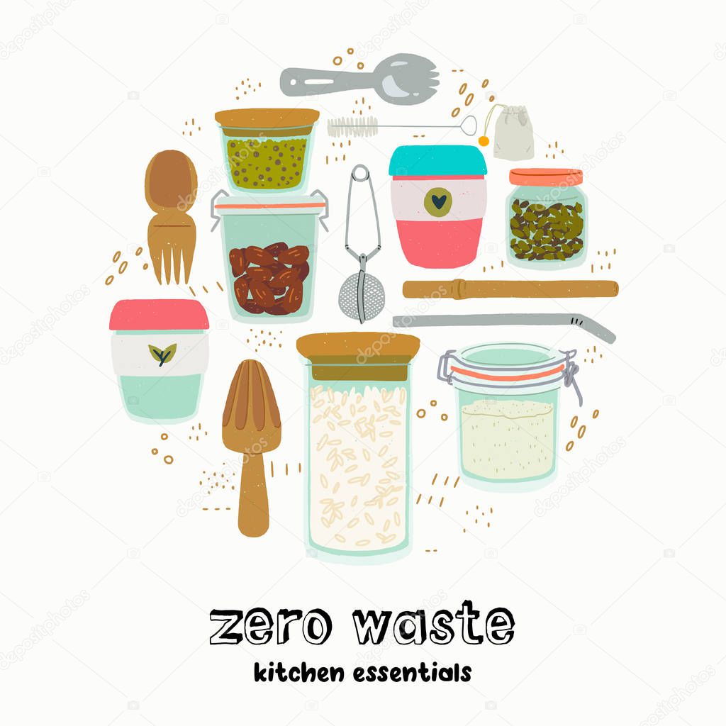 Set of cartoon style cooking outfit and cutleries with hand drawn lettering inscription Zero Waste Kitchen Essentials. Reusable kitchenware made of natural biodegradable materials. For eco shop, store
