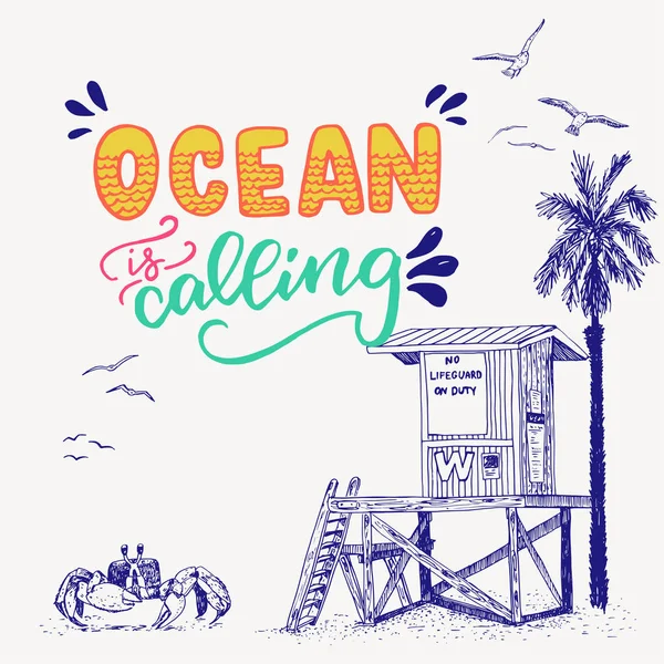 Ocean Is Calling frase de letras de mano — Archivo Imágenes Vectoriales