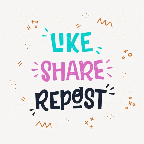 Como, Compartir, Repostear palabras con letras de mano — Vector de stock