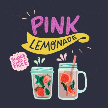 Pembe Limonata yazıt ve el çizilmiş kavanoz