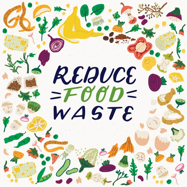 Zmniejszenie odpadów spożywczych napis i resztki żywności — Wektor stockowy