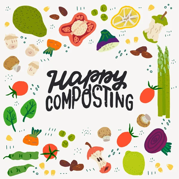 Happy Composting lettering and food scraps — Stock Vector