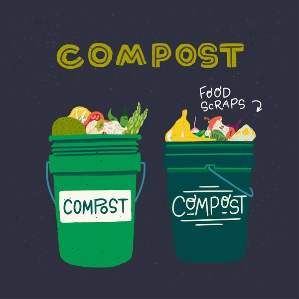Papeleras de compost con restos de comida clipart — Vector de stock
