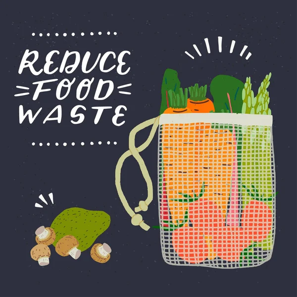 Reduce Food Waste lettering and vegetable in net bag — Stock Vector