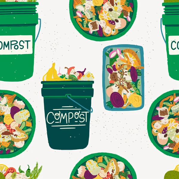 Modèle sans couture avec des bacs à compost et des restes de nourriture — Image vectorielle