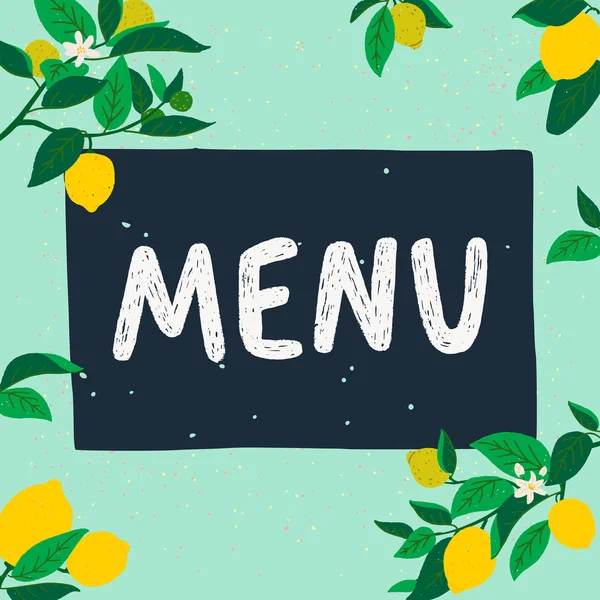 Menu hand drawn word in lemon branches frame — Stock Vector