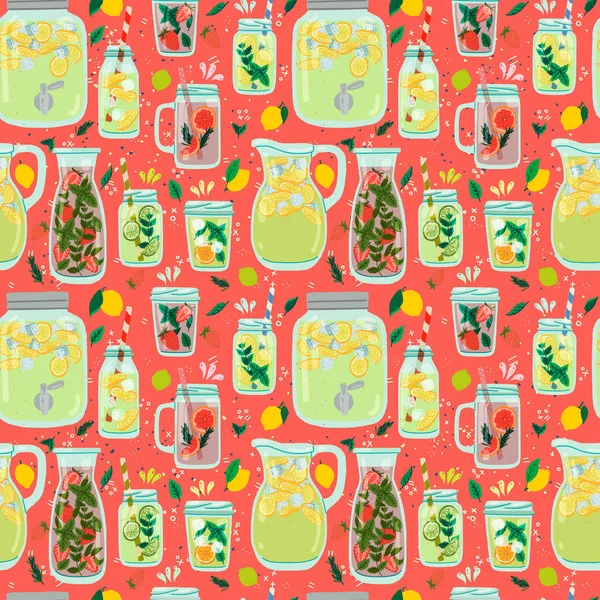 Lemonade jars, jugs and glasses seamless pattern — Stock Vector