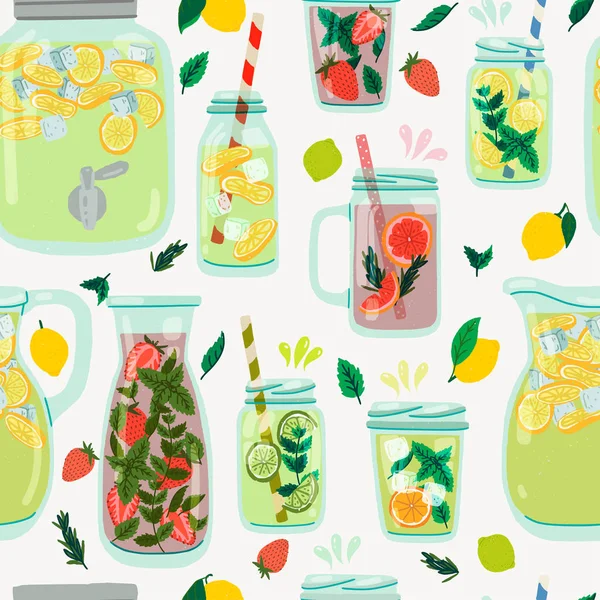 Lemonade jars, jugs and glasses seamless pattern — Stock Vector