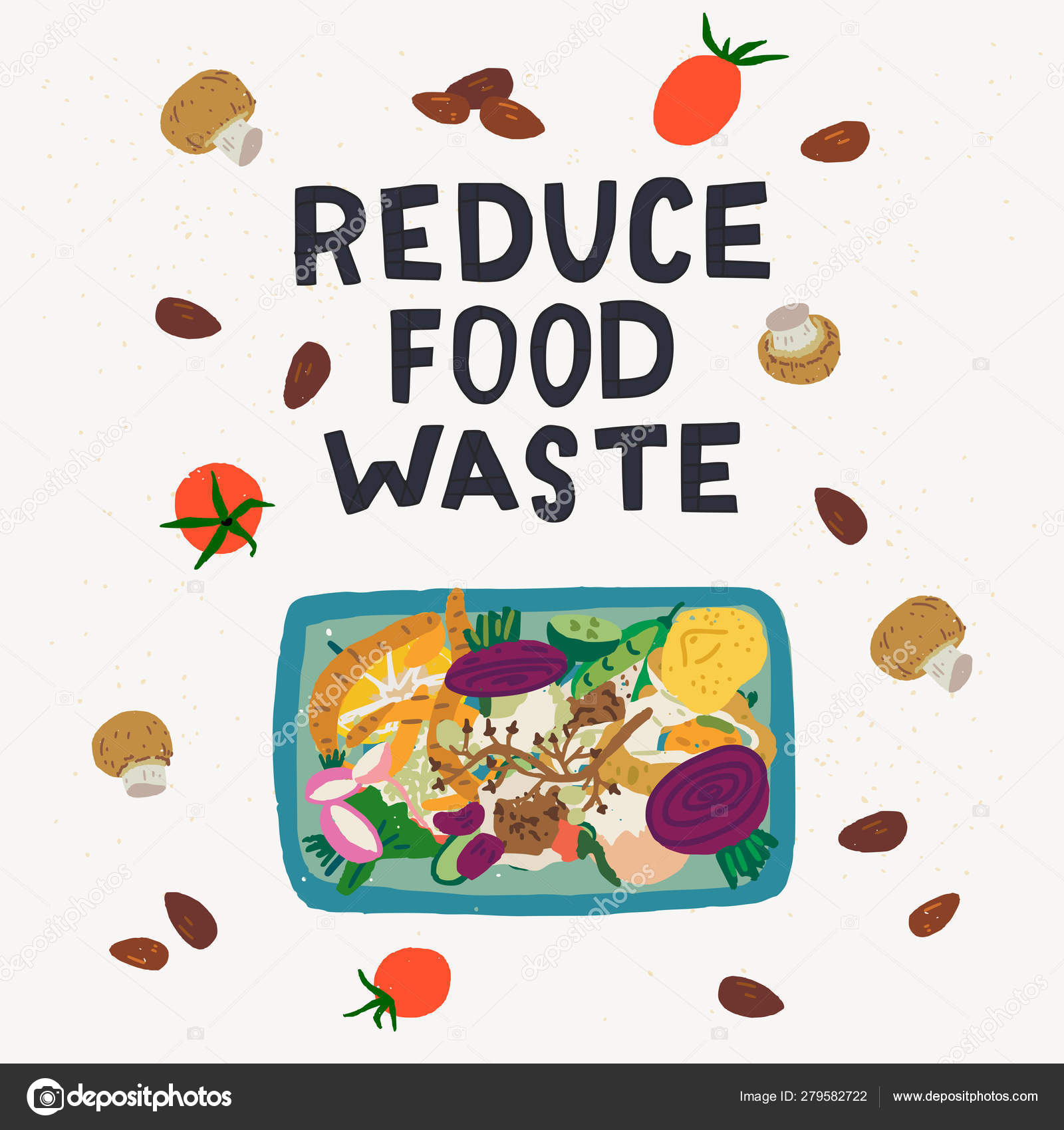 Reduce Food Waste inscription and compost bin Stock Vector by ©TashaNatasha  279582722, image size:1600x1700