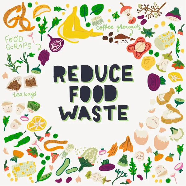 减少食品浪费铭文和食品废料 — 图库矢量图片
