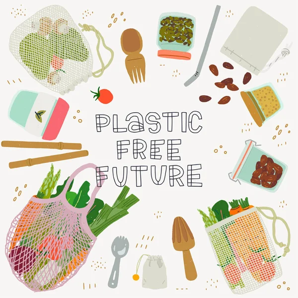 Plastic Free Future inscription and zero waste kitchen utensils — Stock Vector