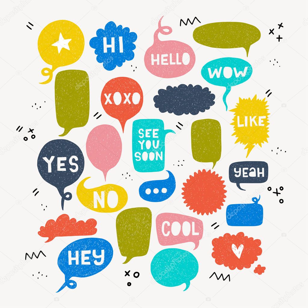 Set of colorful hand drawn speech bubbles