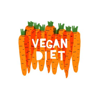 Üst üste binen havuçlu sebze arkaplanı. El yazısı, vegan diyeti. Sağlıklı bitki temelli diyet konsepti. Kart, giysi, blog, vlog, organik sebzeler için amblem şablonu