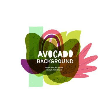 Kavisli formlar ve çok renkli soyut elementlerle Avokado tarzı arkaplan. Moda geometrik ve yazı, başlık ve başlık için kopya alanı olan akı şekilli nefis bir arkaplan. Sağlıklı yaşam tarzı