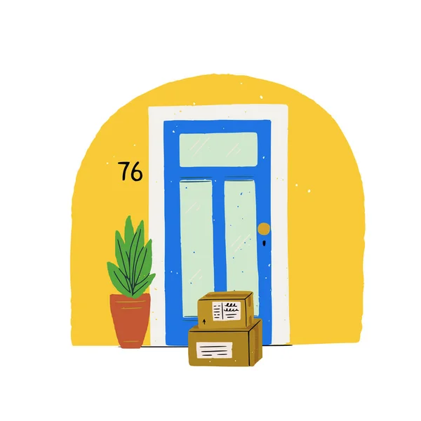 Вход Иллюстрированный Дом Плоском Стиле Горшечным Растением Двумя Коробками Доставки — стоковый вектор