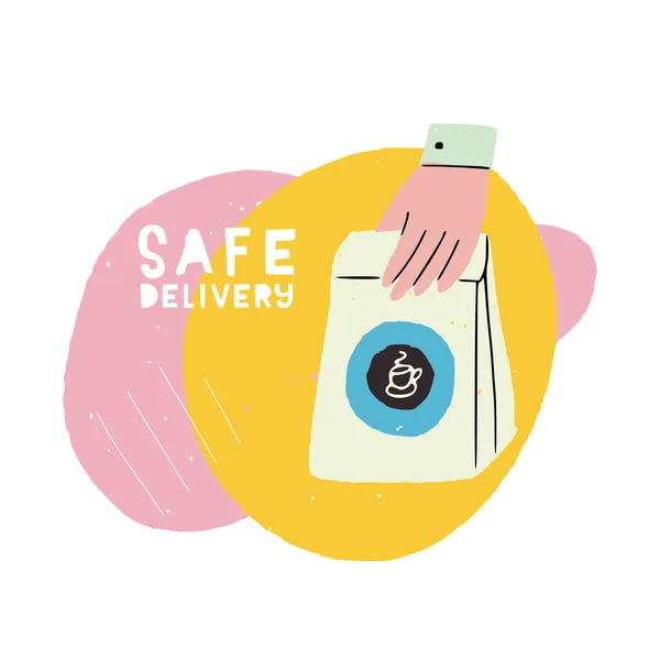 Safe Delivery Banner Flat Style Hand Holding Paper Bag Cartoon — Stock Vector