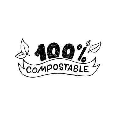 % 100 gübrelenebilir el, kabataslak yapraklarla süslenmiş yazı. Biyolojik, doğal ve organik ürünler, malzemeler ve paketler için mükemmel bir işaret. Eko dükkanı, mağaza etiketi