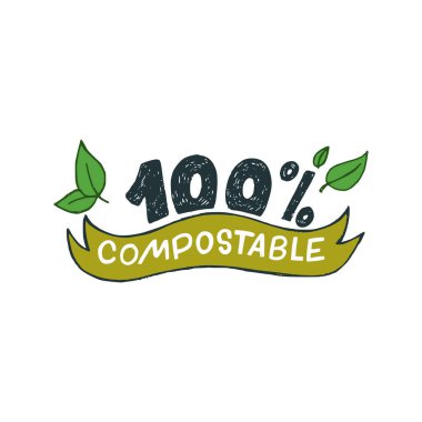 % 100 gübrelenebilir el, yeşil yapraklarla süslenmiş yazı. Biyolojik, doğal ve organik ürünler, malzemeler ve paketler için mükemmel bir işaret. Eko dükkanı, mağaza etiketi