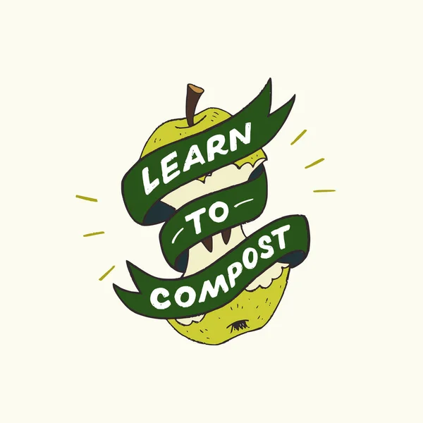 刻有字母的装饰缎带学会堆肥绿色苹果核 卡通风格说明零浪费的生活方式 字体手绘短语如何使用有机废料 — 图库矢量图片