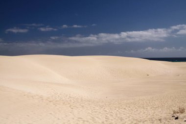 Kum tepeciğinin parlak beyaz kenarı derin mavi gökyüzüne karşı, Corralejo, Fuerteventura, Kanarya Adaları