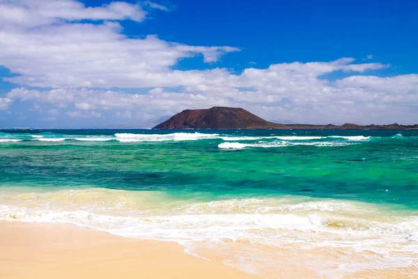 Vue Corralejo Fuerteventura Sur Plage Sable Blanc Sur Eau Turquoise — Photo