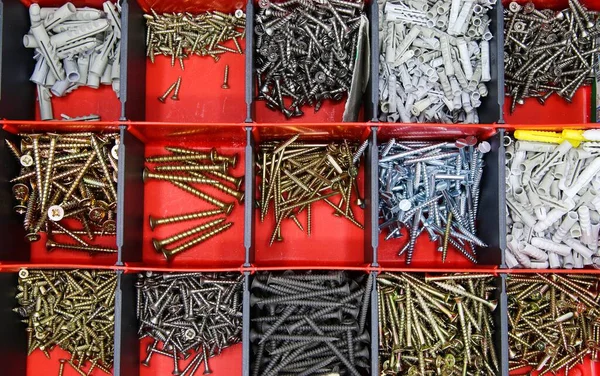 Top View Red Tool Box Square Compartments Screws Dowels — Stock Photo, Image
