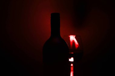 İzole edilmiş koyu siyah şarap şişesi silueti ve cam (şişe boynu odaklı) stüdyo çekimi)