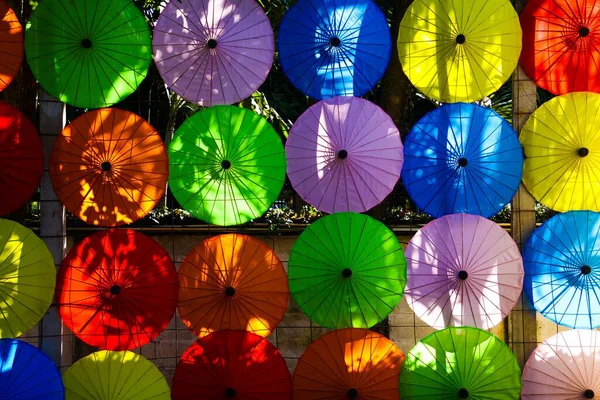 Traditional Colorful Paper Umbrellas Hanging Row Wall Evening Sun Chiang — Stock Photo, Image