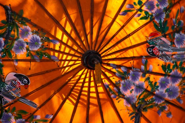 Close Colorful Orange Paper Umbrella Painted Flowers Illuminated Sunlight Chiang — Stock Photo, Image