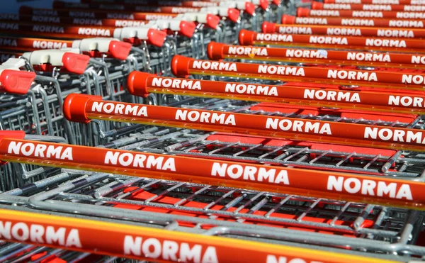 Heinsberg Tyskland Mars 2020 Närbild Isolerade Kundvagnar Tyska Snabbköpskedjan Norma — Stockfoto