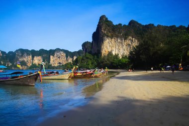 Yüksek dik kireçtaşı kayalıkları ve geleneksel Thai uzun kuyruklu tekneleri olan ıssız sahile bakın - Railey, Krabi, Tayland