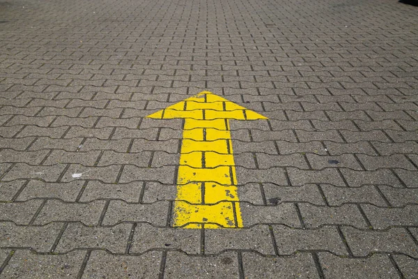 Simple Straightforward Solution Concept Yellow Arrow Paving Blocks Showing Direction — Stock Photo, Image