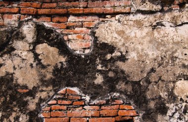 Bangkok, Tayland yakınlarındaki Ayutthaya 'da gri havan mermisiyle sabitlenmiş izole edilmiş antik tuğla duvarların kapatılması