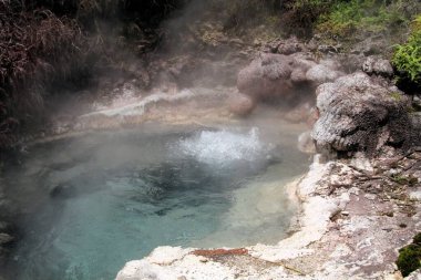 Orakei Korako gizli jeotermal vadi: Su sıçratma ve kaynayan sıcak havuza bakın