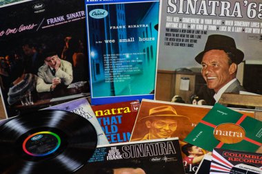 VİERSEN, ALMANY - 11 Mart. 2019: Frank Sinatra 'nın plak koleksiyonuna bakın