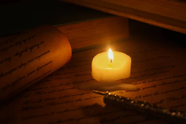 View Isolated Text Old Yellow Paper Ink Pen Candle Light — Stock Photo, Image