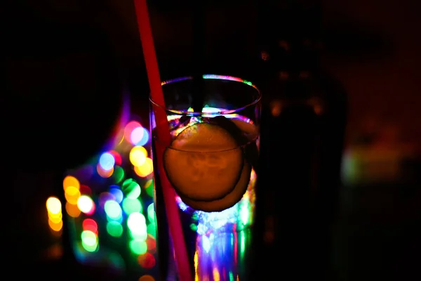 Close Isolated Gin Tonic Cocktail Glass Slices Cucumber Pink Plastic — Stock Photo, Image