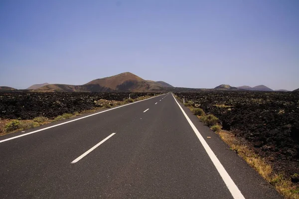 Lanzarote Timanfaya Driving Trip Endless Empty Asphalt Road Black Lava — Stock Photo, Image