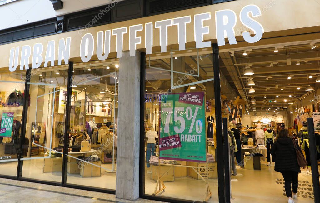Oberhausen, Germany - February 11. 2020: View on entrance of Urban Outfitters fashion chain store