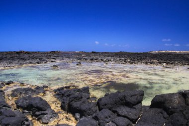 El Cotillo - Faro del Toston: Siyah volkanik kayalar ve turkuaz okyanus ufku arasındaki doğal havuzlar Kuzey Fuerteventura 'da mavi gökyüzüne karşı