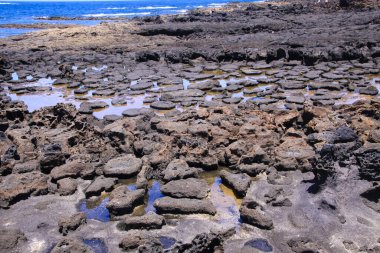 El Cotillo - Faro del Toston: Kuzey Fuerteventura 'da okyanus ufkundaki siyah volkanik keskin kayalara bakın