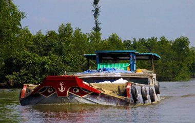 MEKON DELTA, Vietnamlı: 30 ARALIK. 2014: Tipik şekillendirilmiş yay gözlü aşırı yüklenmiş sampan tarzı tekne