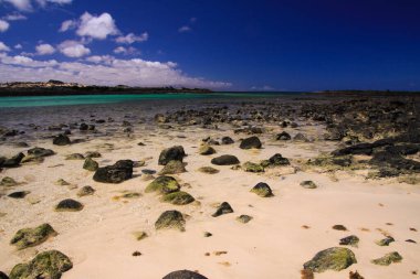 El Cotillo, Kuzey Fuerteventura: Derin mavi gökyüzüne karşı La Concha sahilinin turkuaz gölünde sığ sularda, parlak dağınık taşlı plaja bakın